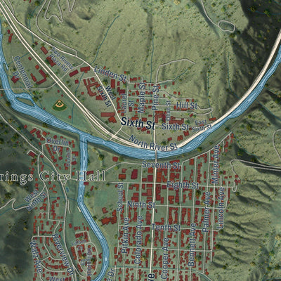 Close-up of the map of Glenwood Springs, Colorado print showing street and building detail