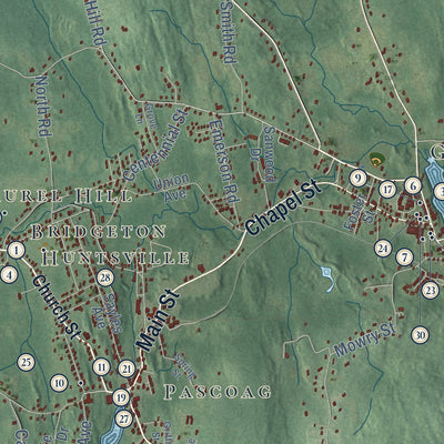 Close-up of the map of Burrillville, Rhode Island print showing street and building detail