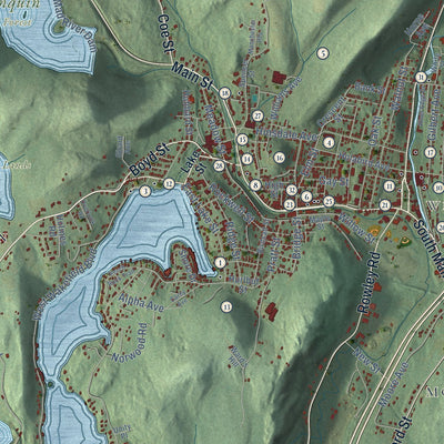 Close-up of the map of Winchester, Connecticut print showing street and building detail