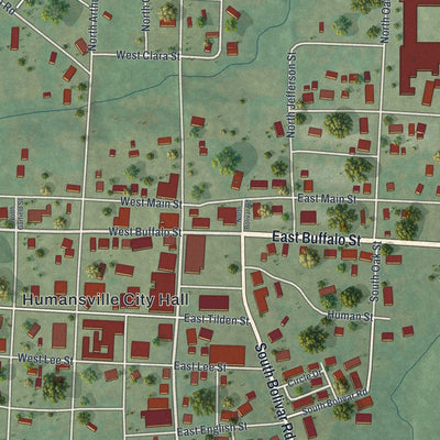 Close-up of the map of Humansville, Missouri print showing street and building detail