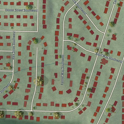 Close-up of the map of Wilson Mill Meadows, Georgia print showing street and building detail