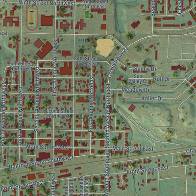 Close-up of the map of Beulah, North Dakota print showing street and building detail
