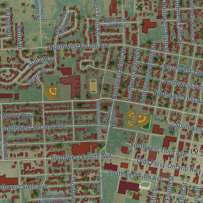Close-up of the map of Ontario, Oregon print showing street and building detail