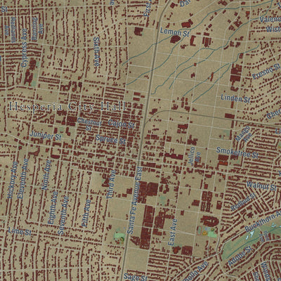 Close-up of the map of Hesperia, California print showing street and building detail