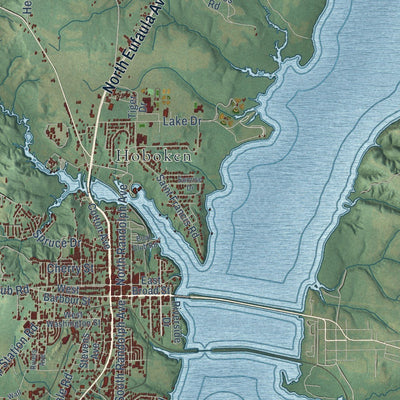 Close-up of the map of Eufaula, Alabama print showing street and building detail