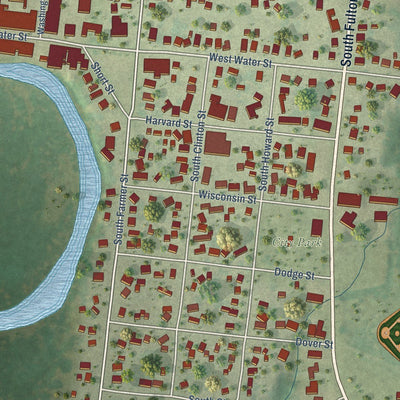 Close-up of the map of Princeton, Wisconsin print showing street and building detail