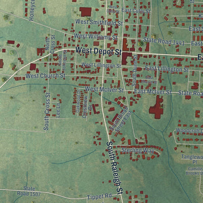Close-up of the map of Angier, North Carolina print showing street and building detail