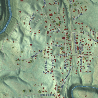 Close-up of the map of Trafford, Alabama print showing street and building detail