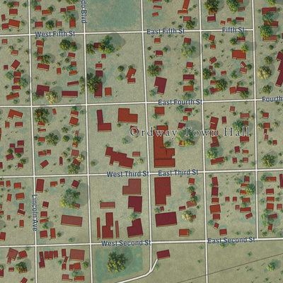 Close-up of the map of Ordway, Colorado print showing street and building detail