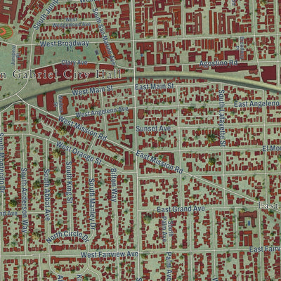 Close-up of the map of San Gabriel, California print showing street and building detail