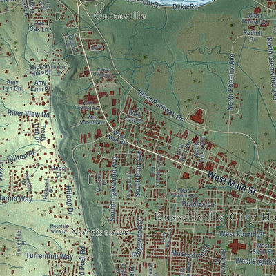 Close-up of the map of Russellville, Arkansas print showing street and building detail