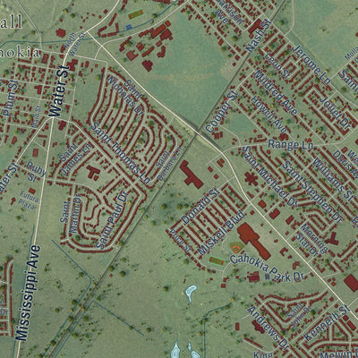 Close-up of the map of Cahokia Heights, Illinois print showing street and building detail