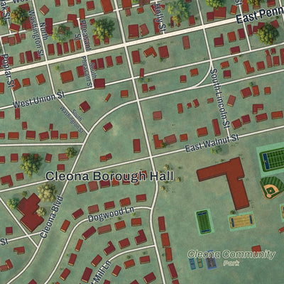 Close-up of the map of Cleona, Pennsylvania print showing street and building detail