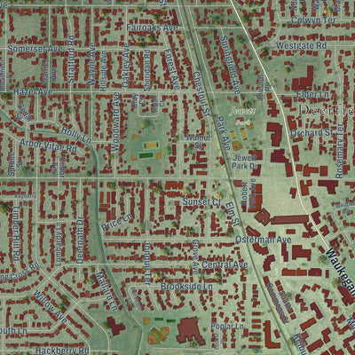 Close-up of the map of Deerfield, Illinois print showing street and building detail