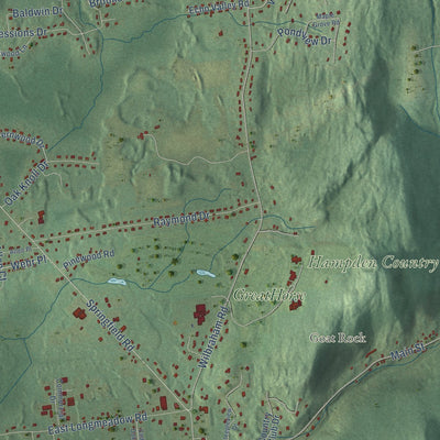 Close-up of the map of Hampden, Massachusetts print showing street and building detail