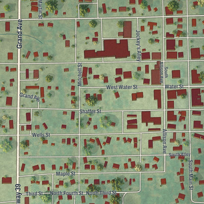 Close-up of the map of Greenfield, Missouri print showing street and building detail