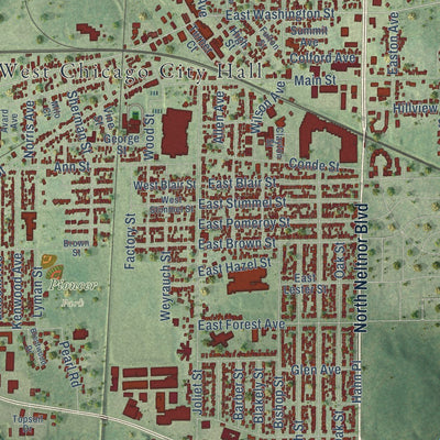 Close-up of the map of West Chicago, Illinois print showing street and building detail