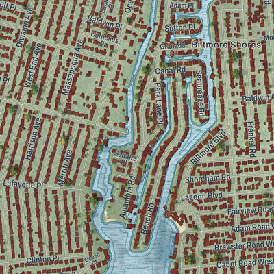 Close-up of the map of Massapequa, New York print showing street and building detail