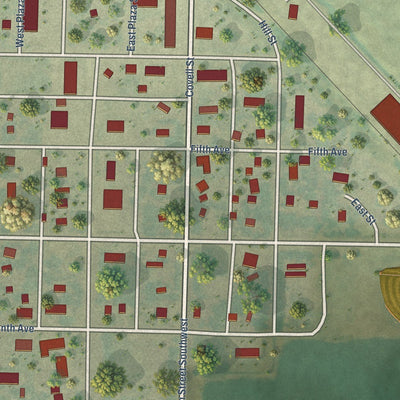 Close-up of the map of Plaza, North Dakota print showing street and building detail