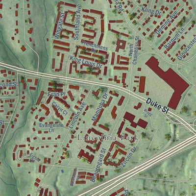 Close-up of the map of Lincolnia, Virginia print showing street and building detail