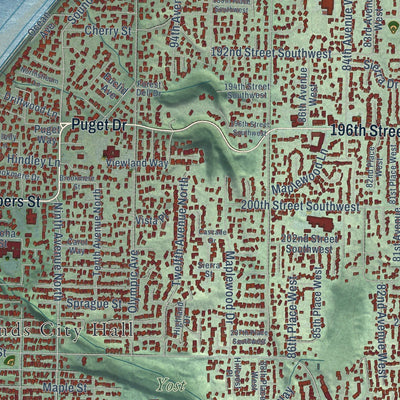 Close-up of the map of Edmonds, Washington print showing street and building detail