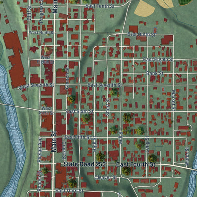 Close-up of the map of Brookville, Indiana print showing street and building detail