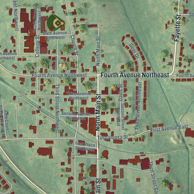 Close-up of the map of Gordo, Alabama print showing street and building detail
