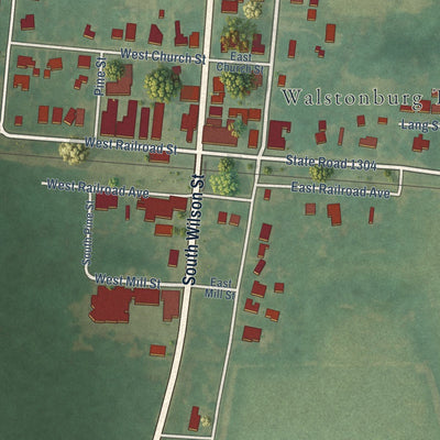 Close-up of the map of Walstonburg, North Carolina print showing street and building detail