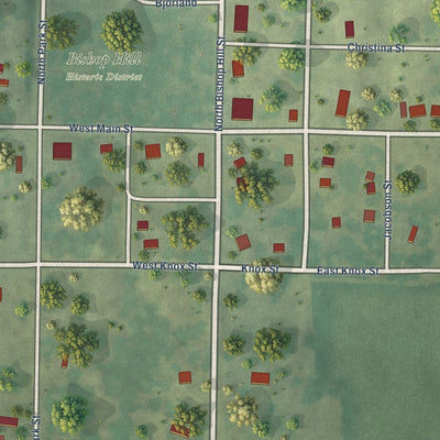 Close-up of the map of Bishop Hill, Illinois print showing street and building detail