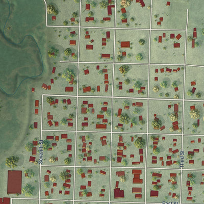 Close-up of the map of Indianola, Nebraska print showing street and building detail