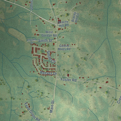 Close-up of the map of Mosses, Alabama print showing street and building detail