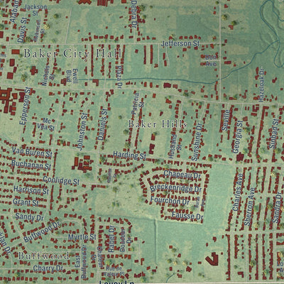 Close-up of the map of Baker, Louisiana print showing street and building detail