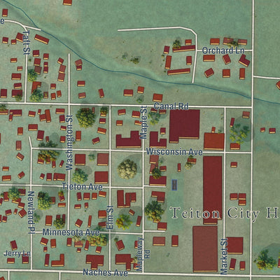 Close-up of the map of Tieton, Washington print showing street and building detail