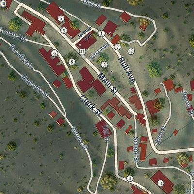 Close-up of the map of Jerome, Arizona print showing street and building detail