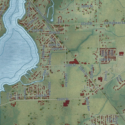 Close-up of the map of Salem Lakes, Wisconsin print showing street and building detail