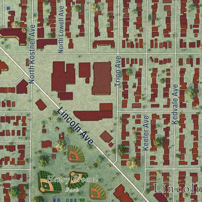 Close-up of the map of Lincolnwood, Illinois print showing street and building detail