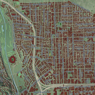Close-up of the map of Pasadena, California print showing street and building detail
