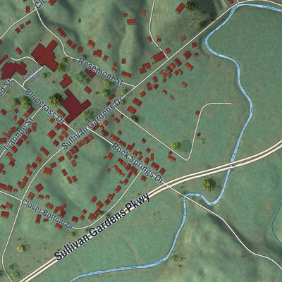 Close-up of the map of Sullivan Gardens, Tennessee print showing street and building detail