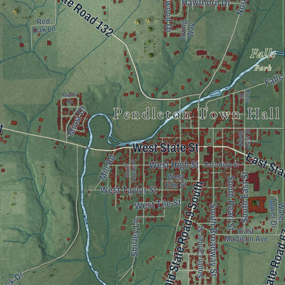 Close-up of the map of Pendleton, Indiana print showing street and building detail
