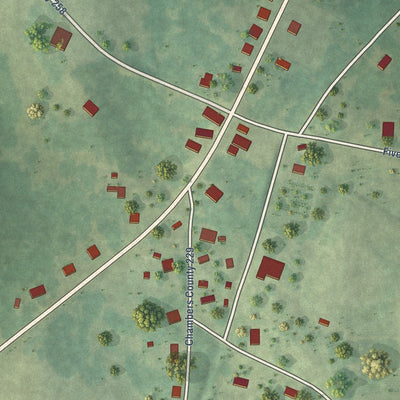 Close-up of the map of Five Points, Alabama print showing street and building detail
