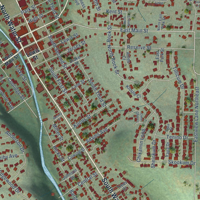Close-up of the map of Silverton, Oregon print showing street and building detail