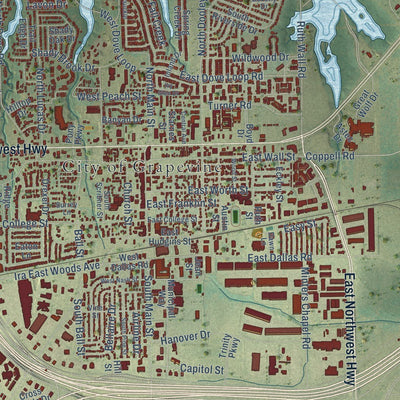 Close-up of the map of Grapevine, Texas print showing street and building detail