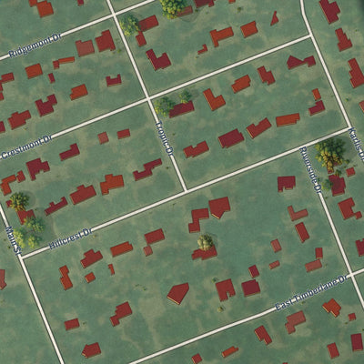 Close-up of the map of Hillcrest Village, Texas print showing street and building detail