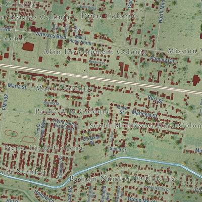 Close-up of the map of Palmview, Texas print showing street and building detail