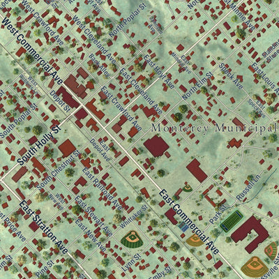 Close-up of the map of Monterey, Tennessee print showing street and building detail
