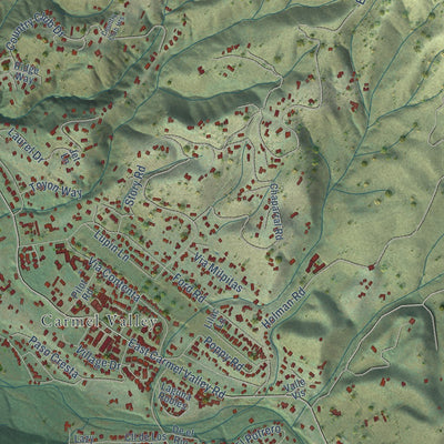 Close-up of the map of Carmel Valley Village, California print showing street and building detail