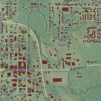 Close-up of the map of Jonesboro, Louisiana print showing street and building detail