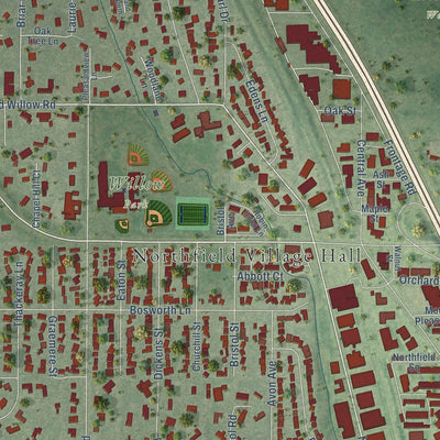 Close-up of the map of Northfield, Illinois print showing street and building detail