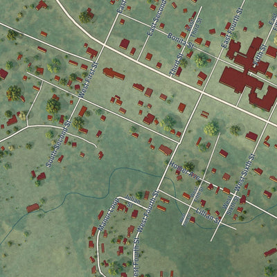 Close-up of the map of Wells, Texas print showing street and building detail