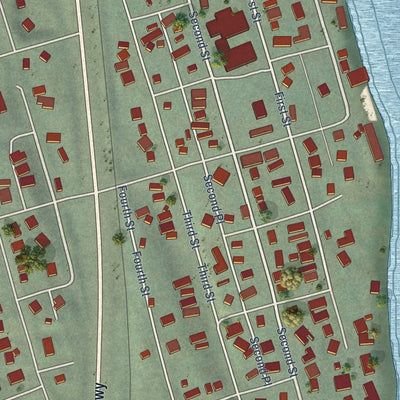 Close-up of the map of Columbia City, Oregon print showing street and building detail